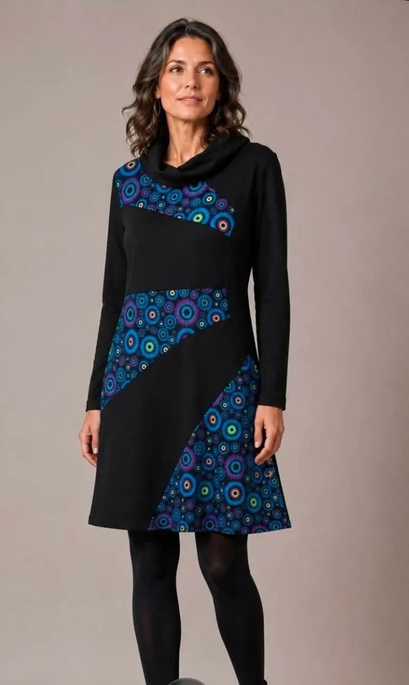 Coline Cowl Neck Dress Size Large Artsy Art to Wear Black Blue Long Sleeve